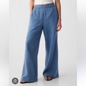 GAP, High Rise Crinkle Gauze Wide-Leg Pants, Blue Denim Wash, Cotton, Medium